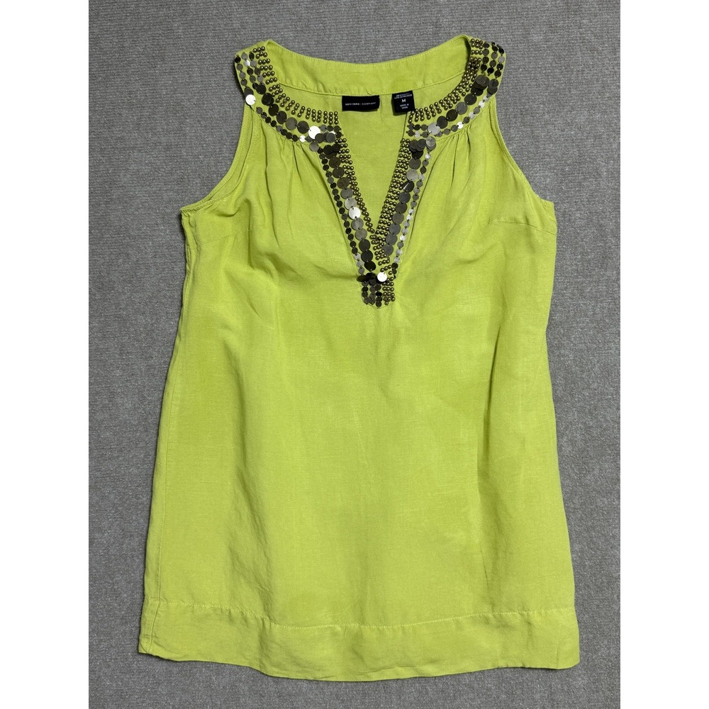 New York & Company Tank Top‎ Womens Medium Green Linen Beaded Sequin Embellished